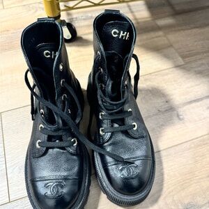 CHANEL Black Leather Lace-Up Boots